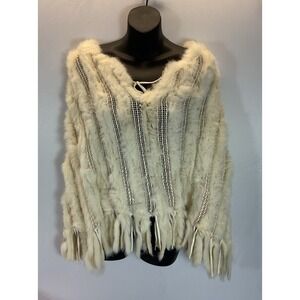 VTG Theme real Rabbit Fur Poncho Ivory LG‎ / XL tasseled statement BOHO unique